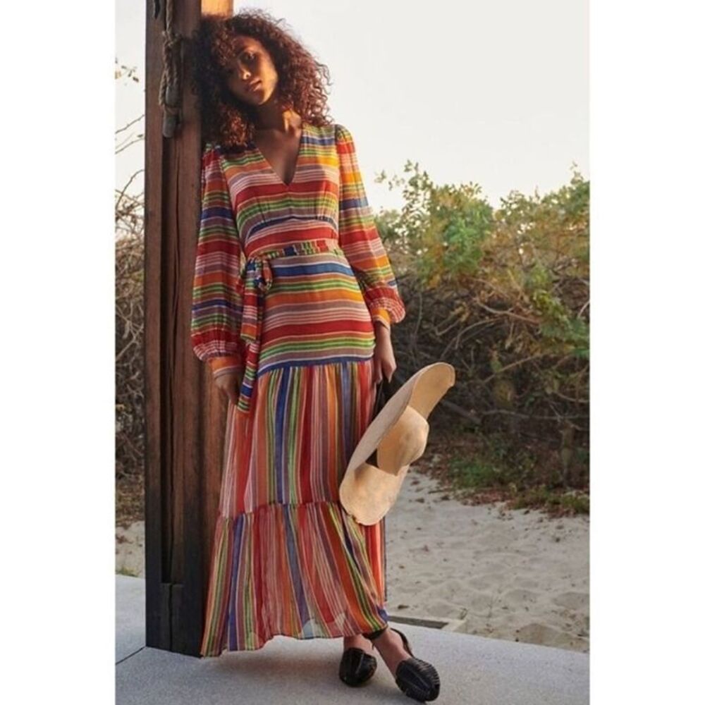 Farm Rio for Anthropologie Luana Rainbow Stripe Belted Maxi Dress size XS Boho